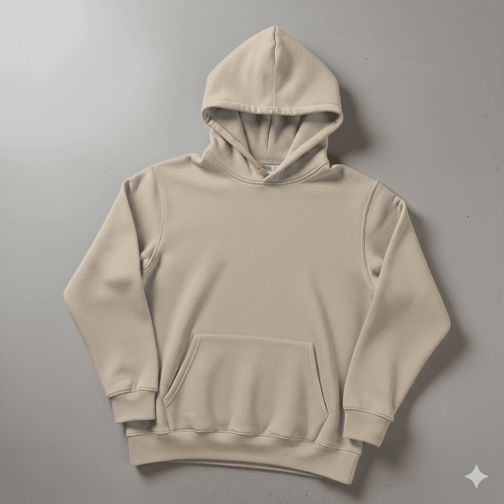 Bej  Kapşonlu Kanguru Cep Oversize %100 Pamuk Sweat