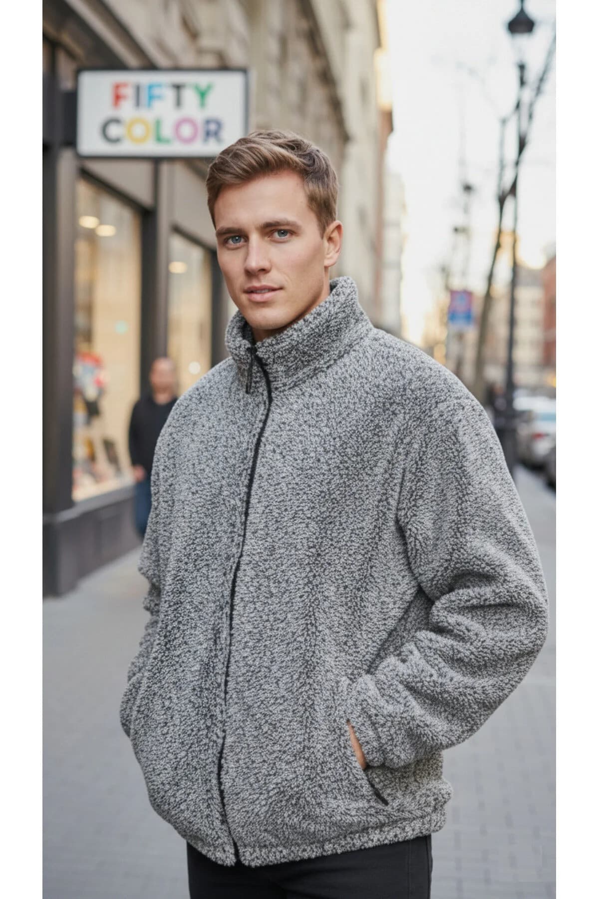 Gri Tam Fermuarlı Peluş Kaliteli Regular Kalıp